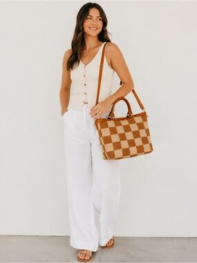 Pretty Simple Premium June Jute Tote Bag Crossbody Checkered Brown